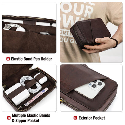 CataPurus Electronic Organizer Case Tech Kit, Top Grain Leather Handmade, Portable Compact Travel Electronic Accessories Storage Case Fits Phone, USB Cables, Chargers, Hard Drive, Cards, Apple pencil
