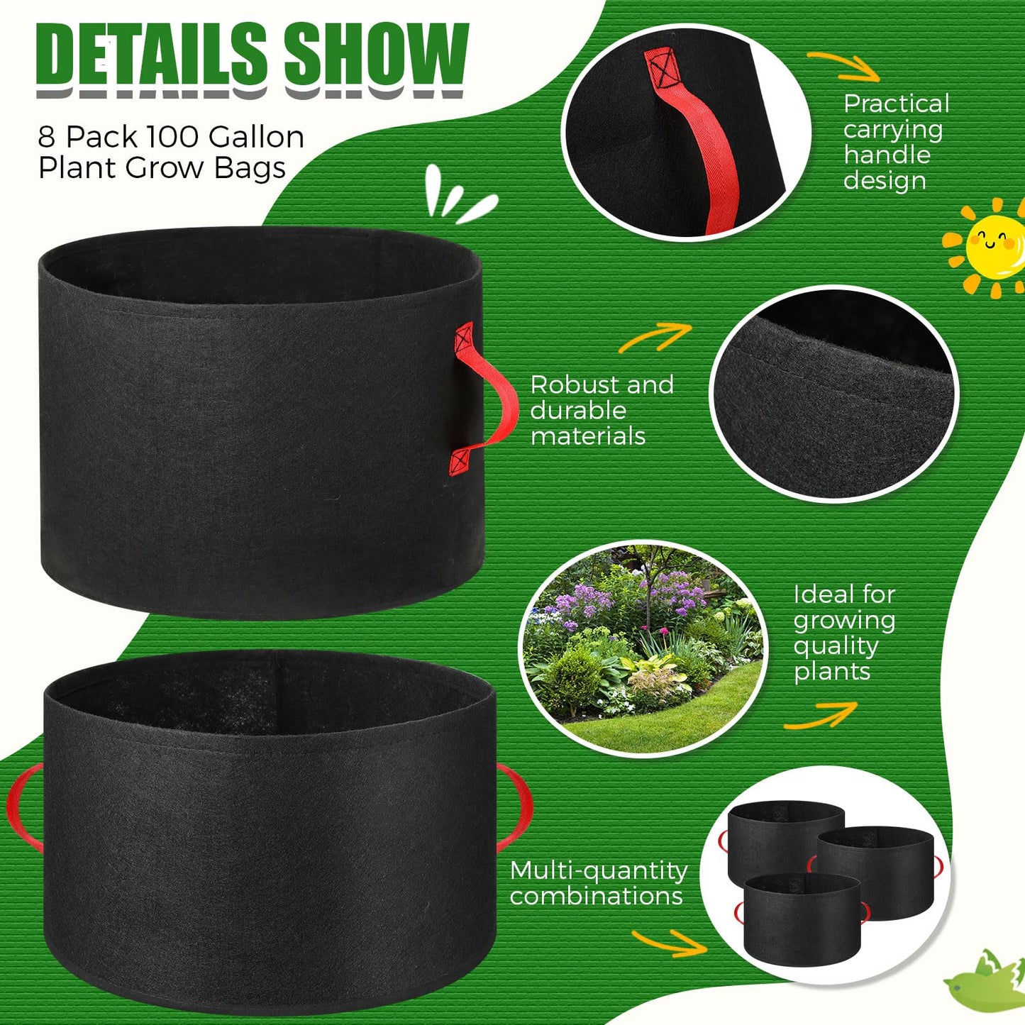 Nuenen 8 Pack 100 Gallon Plant Grow Bags Bulk Breathable Nonwoven Fabric Pot with Handles Heavy Duty Nursery Vegetable Pots with Gloves for Garden Vegetables Potato Plants Flower Growing Planting