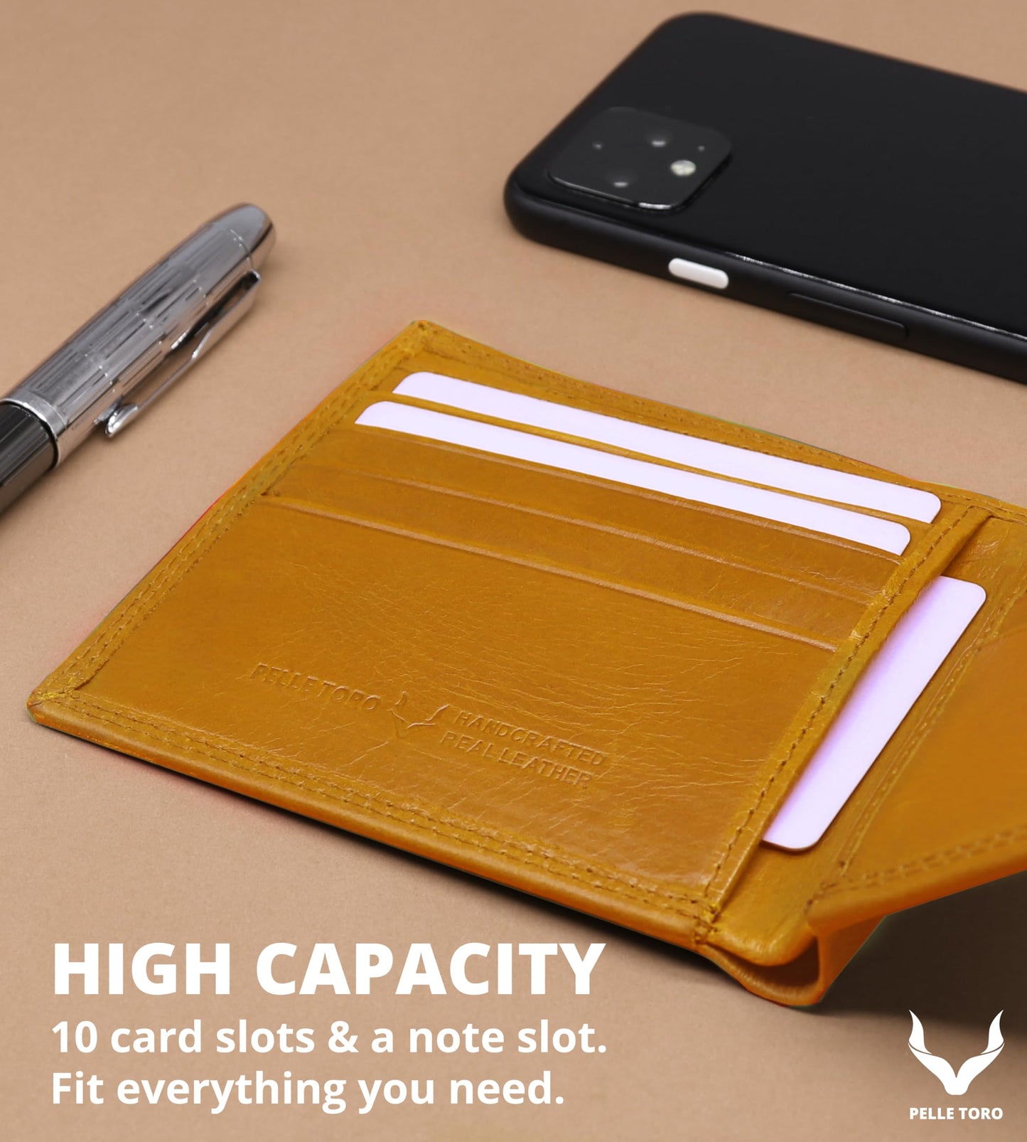 PELLE TORO Minimalist Slim Mens Wallet, Handmade Real Leather Card Wallet with RFID Blocking, 10 Card Holder Slots & Note Section, Tan