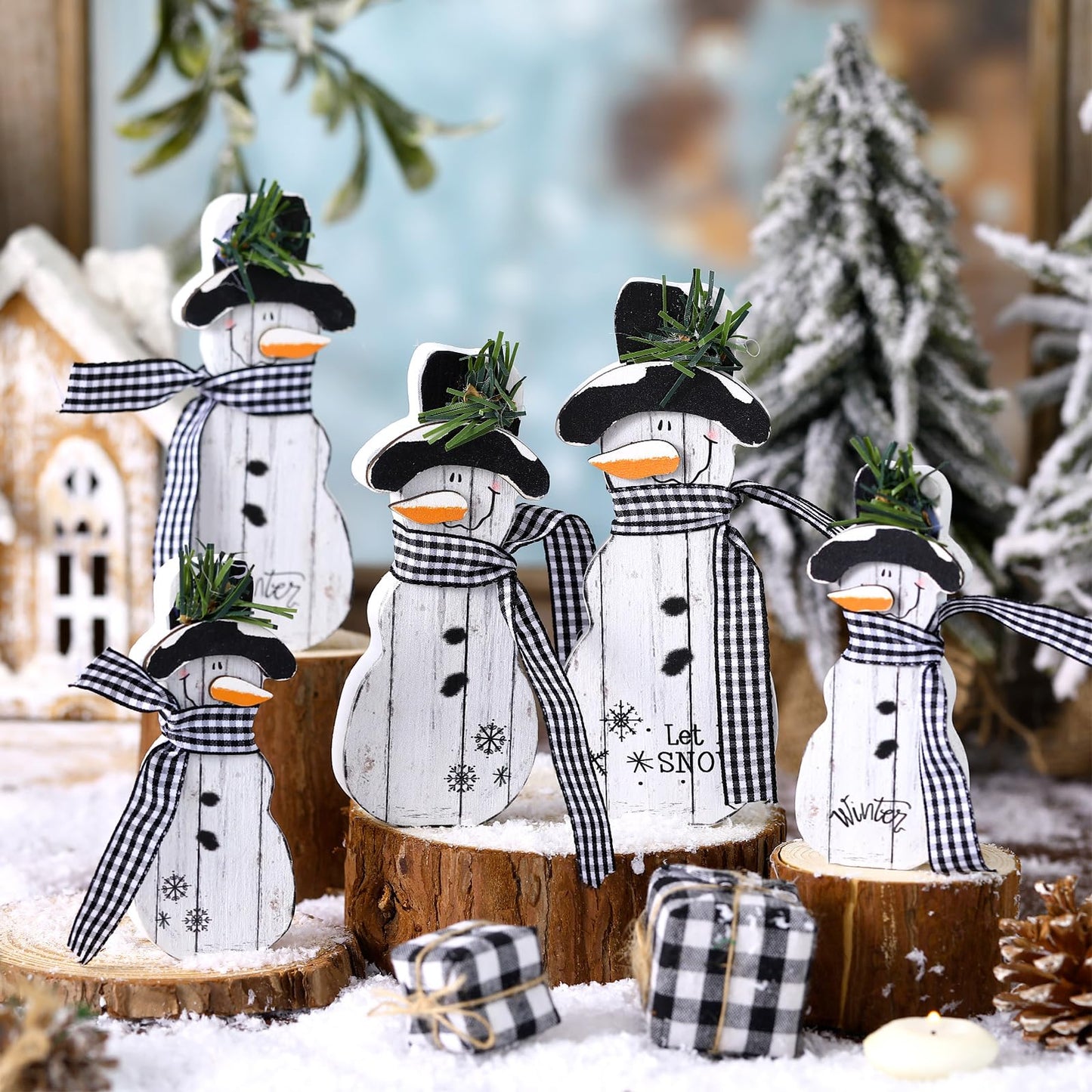 Threehoney Christmas Snowmen Wooden Ornaments Rustic Christmas Table Centerpieces Farmhouse Tiered Tray Decor Table Sign for Xmas Winter Holiday Party Home Office Shelf(5 Pcs,Farmhouse)