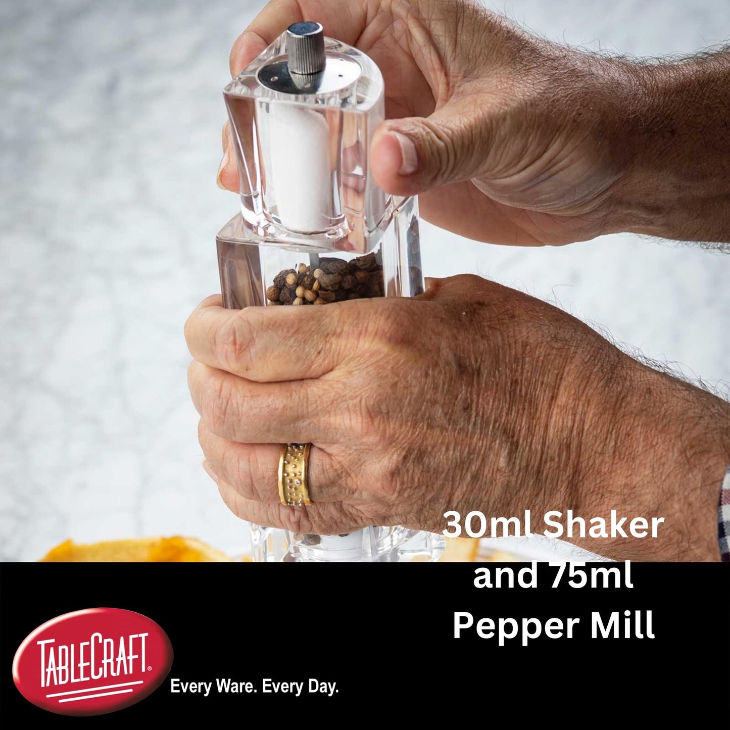 TableCraft 11832, Acrylic Salt and Pepper Mill Combo, 2-in-1 Grinder and Shaker, Clear, 30ml Shaker / 75ml Grinder, Break-Resistant, Square Design, Commercial Foodservice Grade