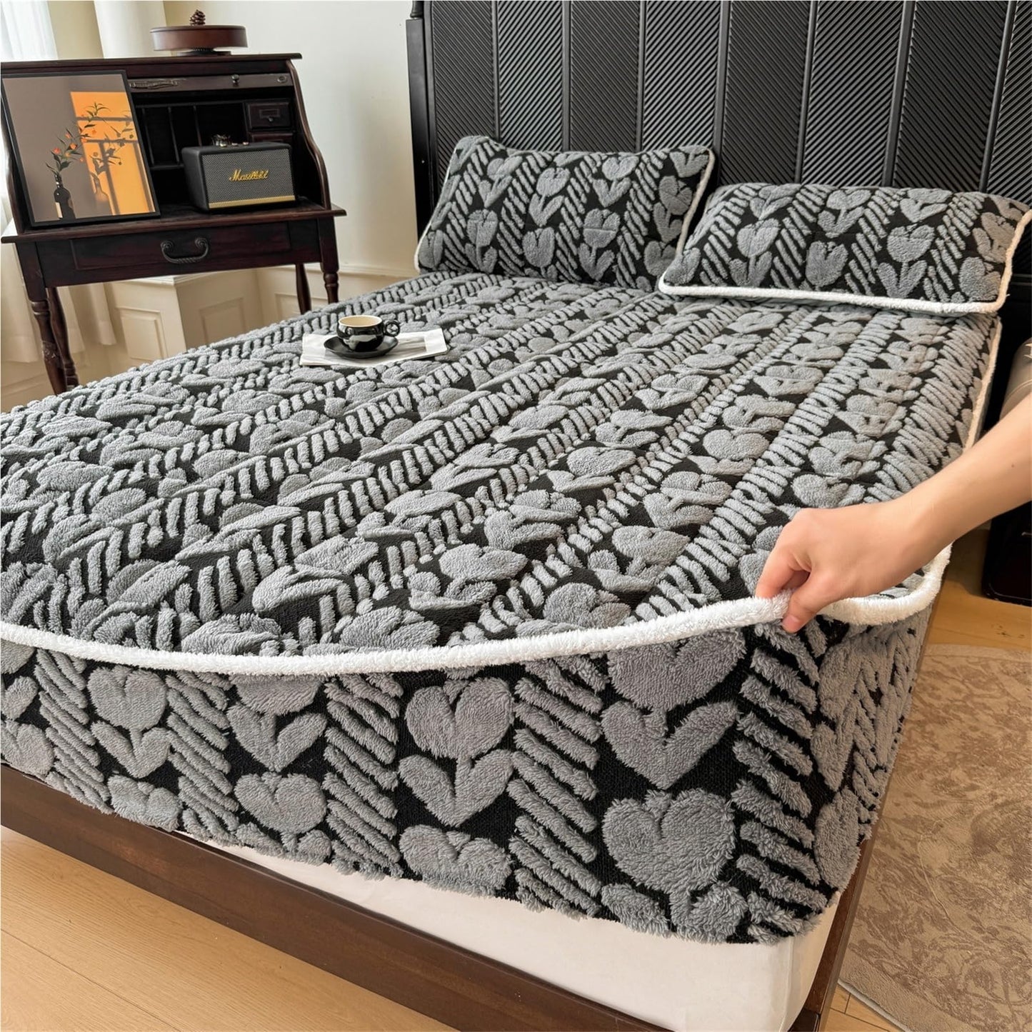 Elastic Bed Sheets, Plush Fluffy Velvet Fitted Sheet, Super Warm Winter Bottom Sheet with 11" Deep Pockets, Machine Washable and Non-Fade(C,2*Pillow Cover)