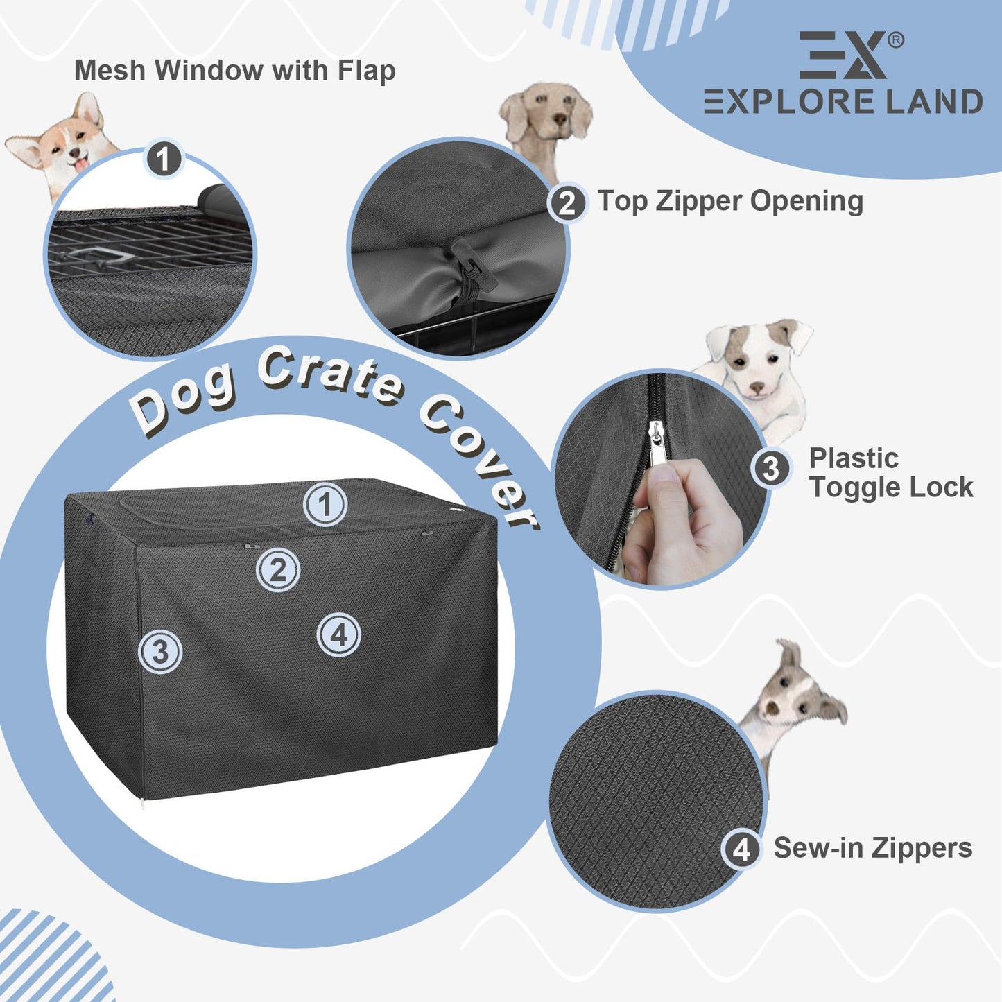 Explore Land Dog Crate Cover for 36 Inches Wire Cage, Heavy-Duty Lattice Pet Kennel Covers Compatible with 1 2 3 Doors Standard Metal Crate (Black)
