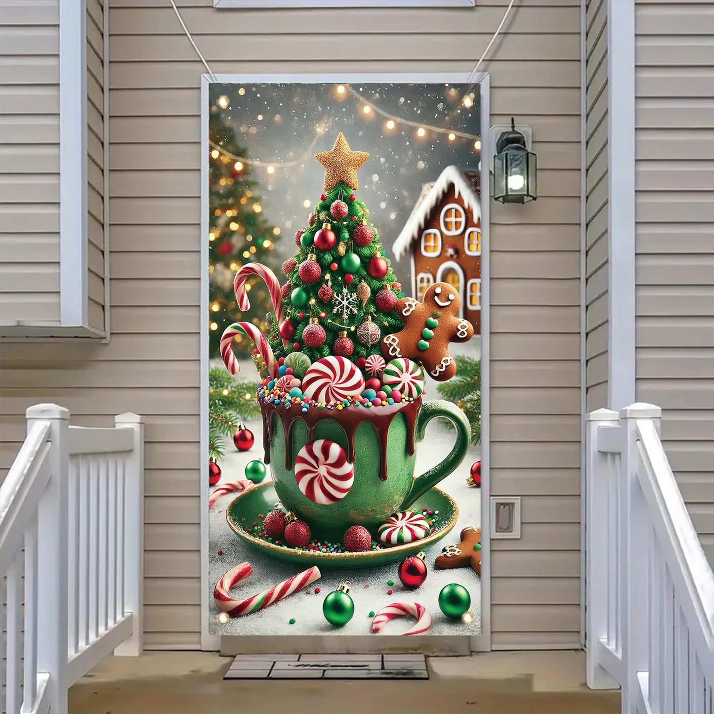 Saoplasa Christmas Door Cover Hot Cocoa Mug Banner 71 x 35 Inch Gingerbread Candy Cane Peppermint Tree Backdrop Holiday Cup Decoration for Christmas Party Wall Hanging Front Door Winter Decor