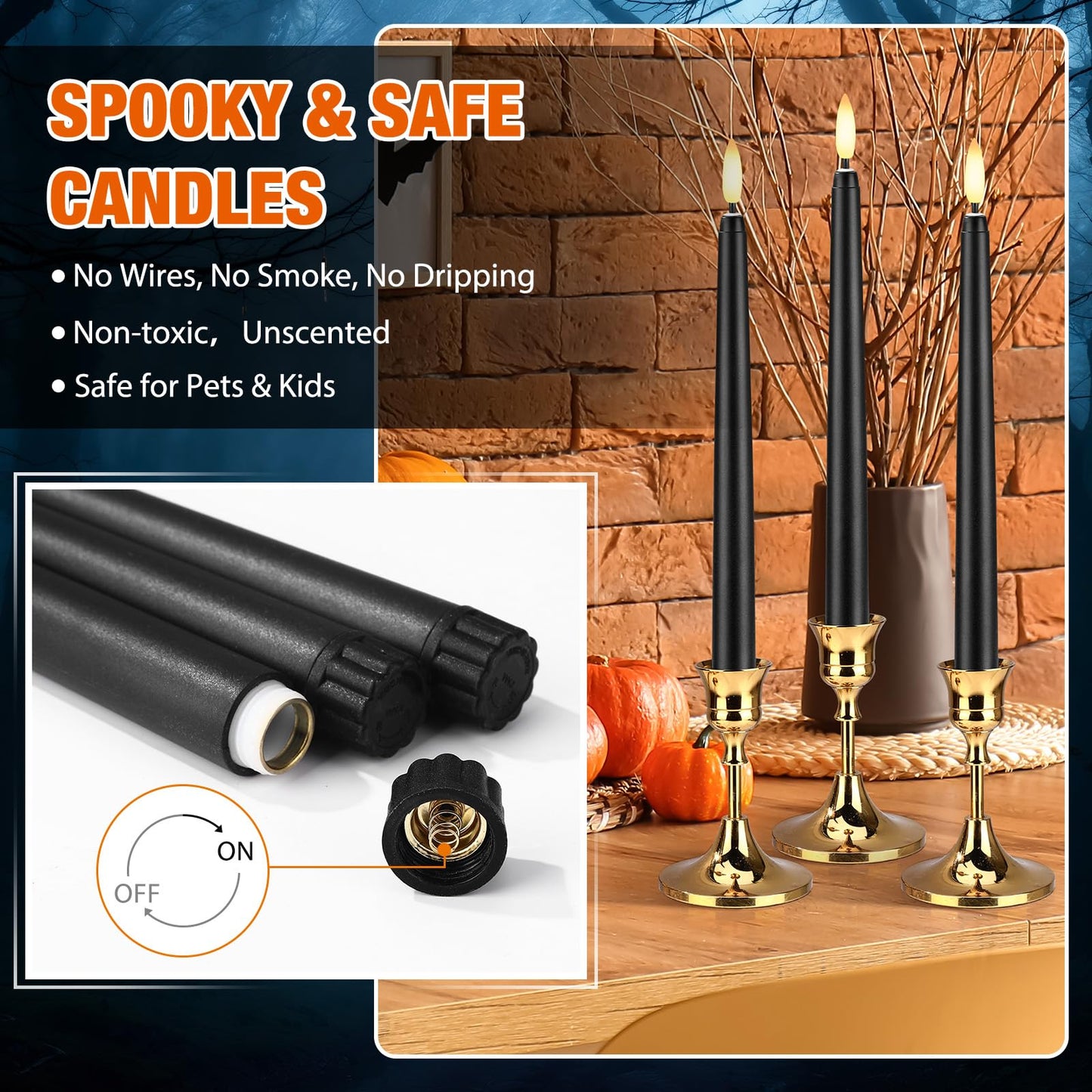 Baquler 50 Pcs Black Flameless Taper Candles 8.5 Inch, Battery Operated Taper Candles LED Warm 3D Wick Flickering Candlesticks for Church Wedding Home Decor Halloween Christmas Hanukkah New Year
