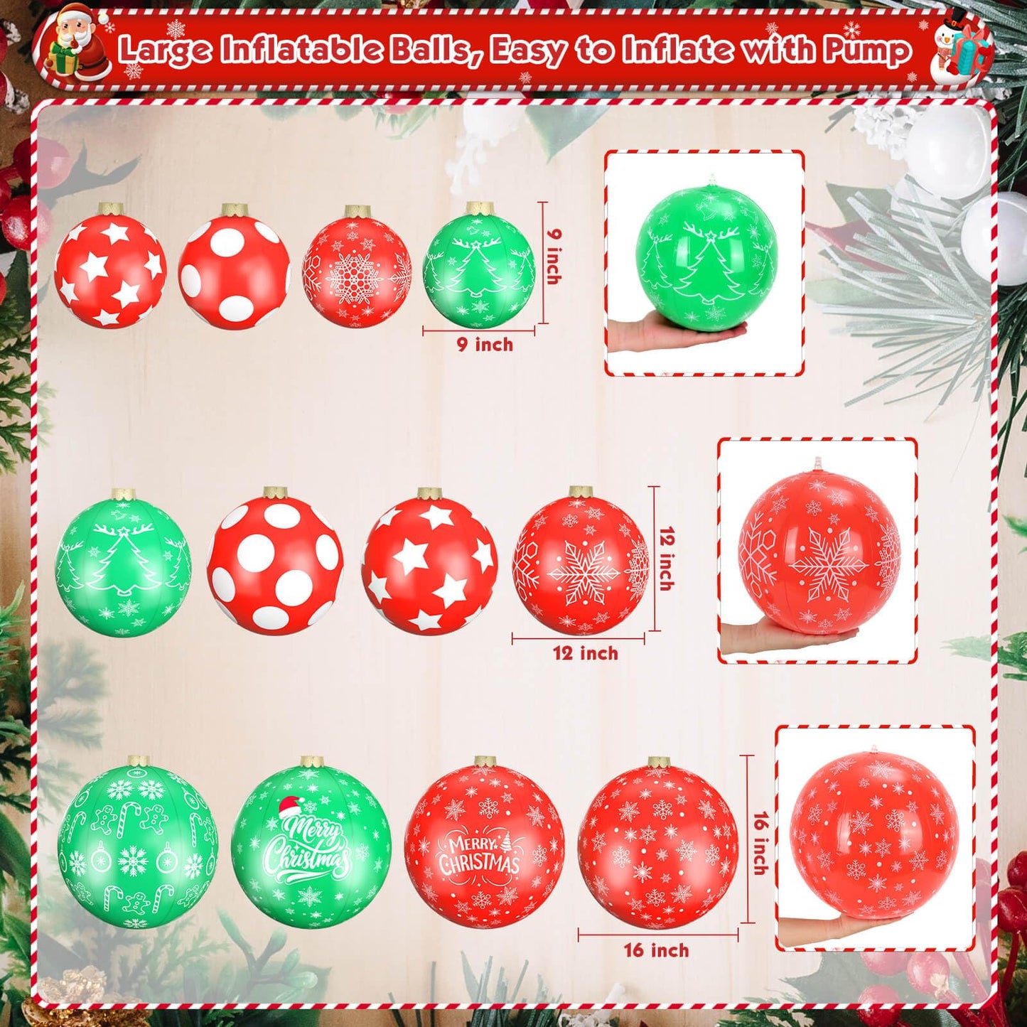 Flasoo 12 Pack Giant Inflatable Christmas Ornaments for Outdoor Decoration, Big Christmas Balls for Front Door Yard Tree Hanging (9 Inch, 12 Inch, 16 Inch)