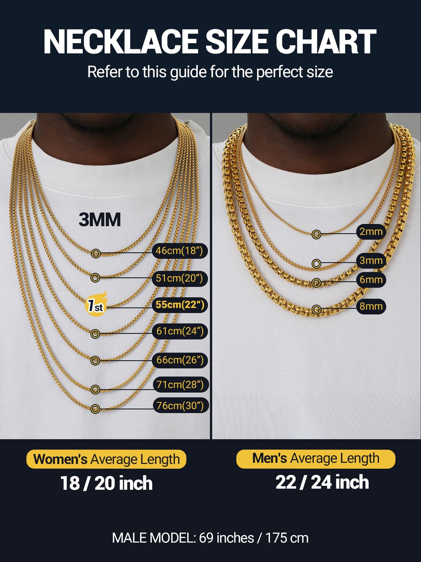 PROSTEEL Squre Rolo Link Chains, 18K Gold Chain Necklace Waterproof & Non Tarnish 6mm Stainless Steel Link Chains for Men and Women Jewelry with Gift Box 18in