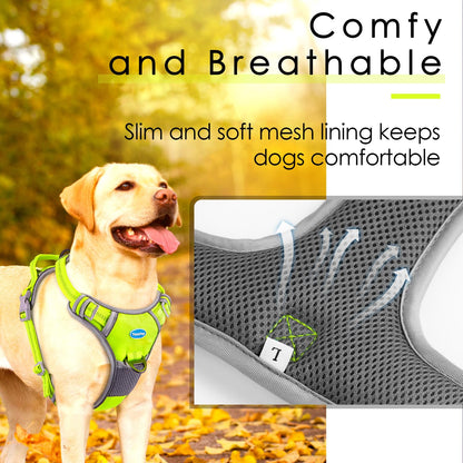 ThinkPet No Pull Harness Set Breathable Sport Harness with Handle - Reflective Padded Dog Safety Vest with Reflective Neon Dog Leash M Harness Leash Pack Green