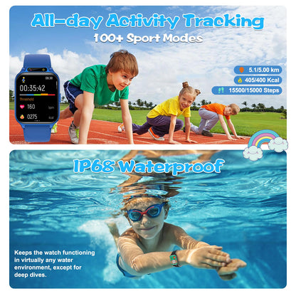 Smart Watch for Kids, 1.85" Fitness Tracker with Heart Rate, Sleep Monitor, IP68 Waterproof Smartwatches with Video Music, Pedometer, Game, NO APP/Phone, Gift for Boys Girls. (Classic, Blue)