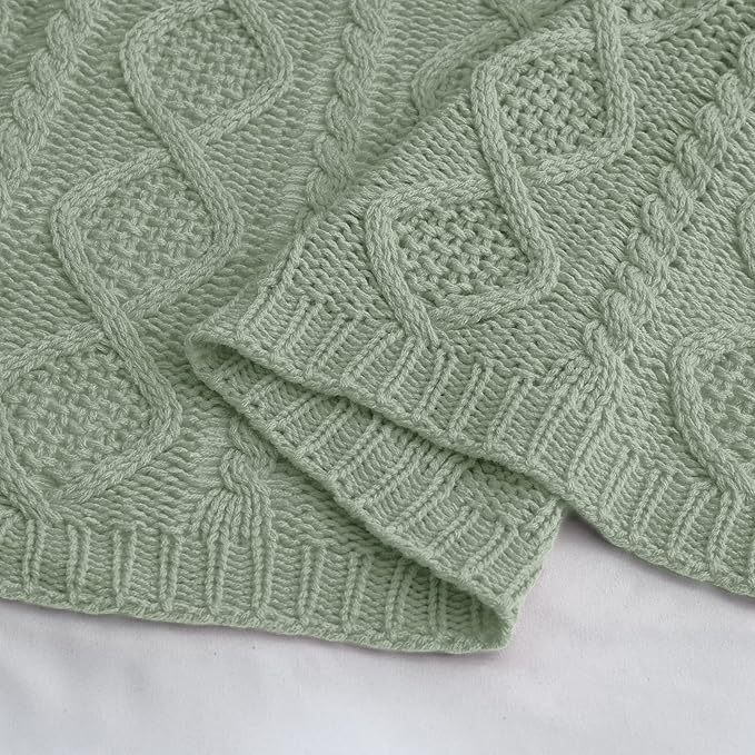 Homiest Cable Knit Throw Blanket and Pillow Set, Sage Green Set of 3, Knitted