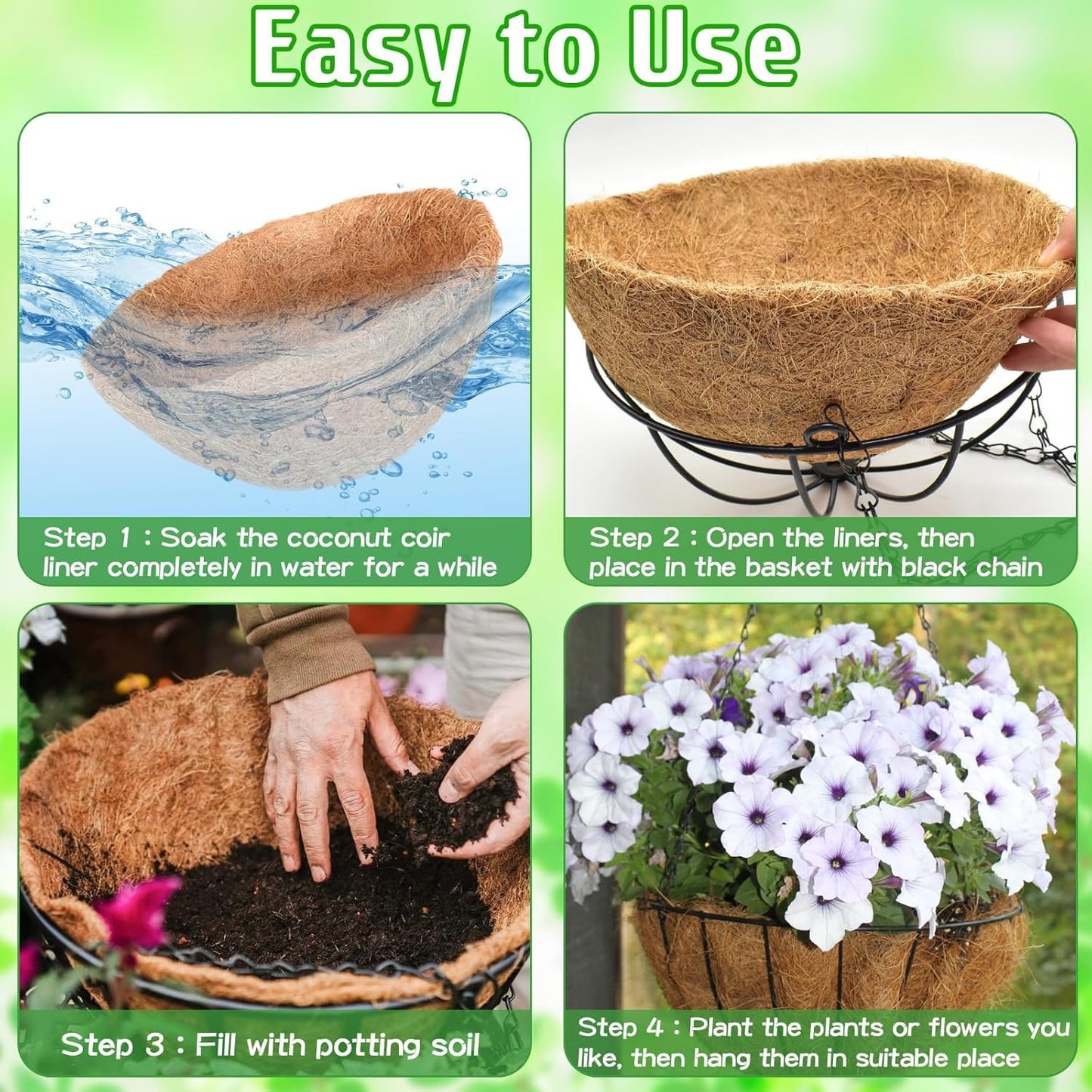 ZeeDix 2 Pack 18 Inch Large Hanging Baskets for Plants Outdoor with Coconut Liners Replacement, Hanging planters Baskets with Natural Coco Liner for Outdoor Indoor Planters Flowers Vegetables