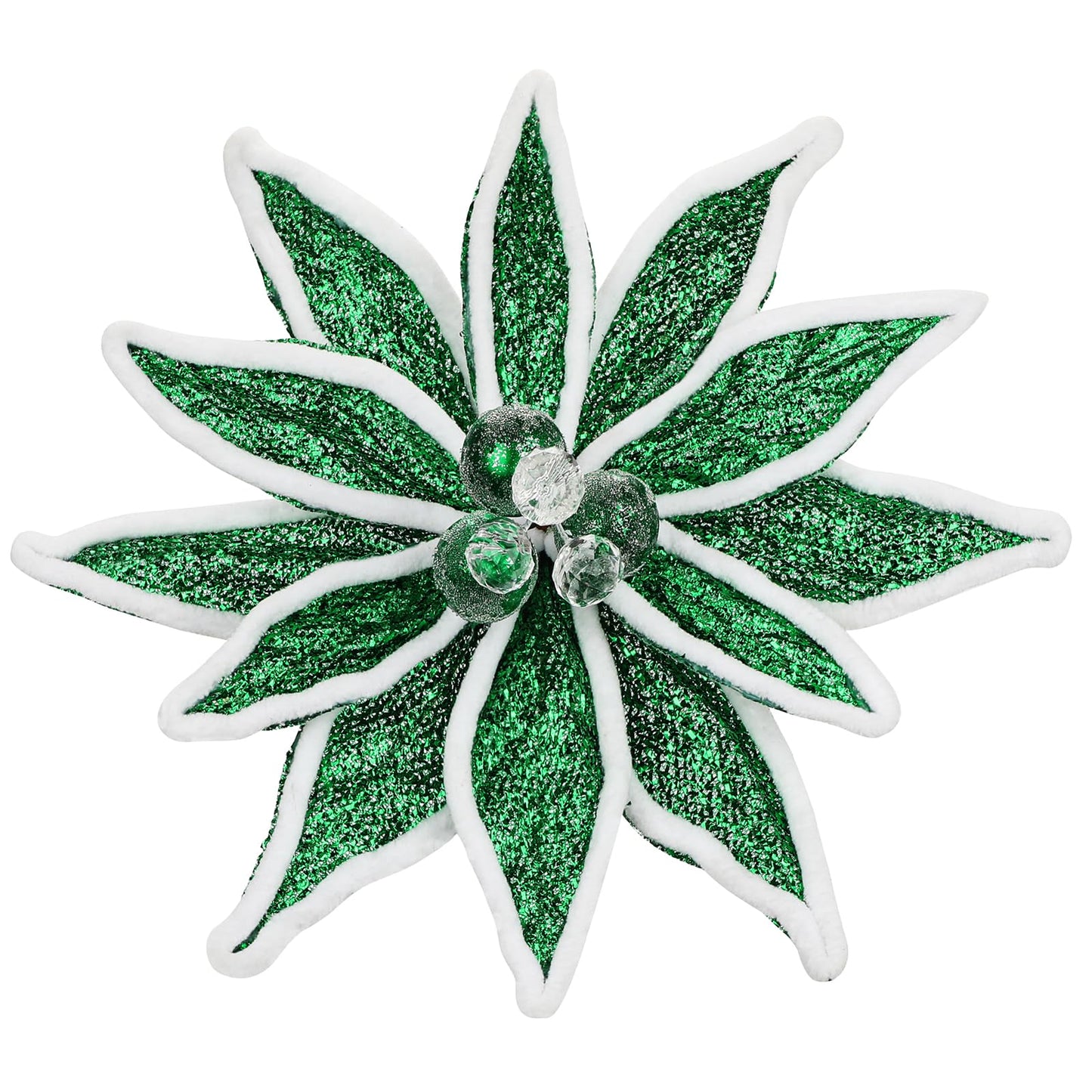 Briful 3PCS Green Poinsettia Artificial Christmas Flowers - 25.6" Long Stem Metallic Glitter Fabric Poinsettias Christmas Flower with Fur Edges for Xmas Home Wreath Garland Arrangement DIY Decor