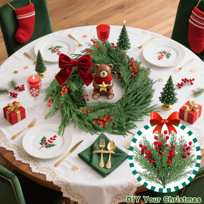 ICEROYCE 4 Bundles 140 Pcs Artificial Christmas Flowers with Red Berry Stems, Fake Norfolk Pine Garland Branches for Winter Decor, Faux Christmas Garland Tree Picks and DIY Crafts (Pine Foliage)