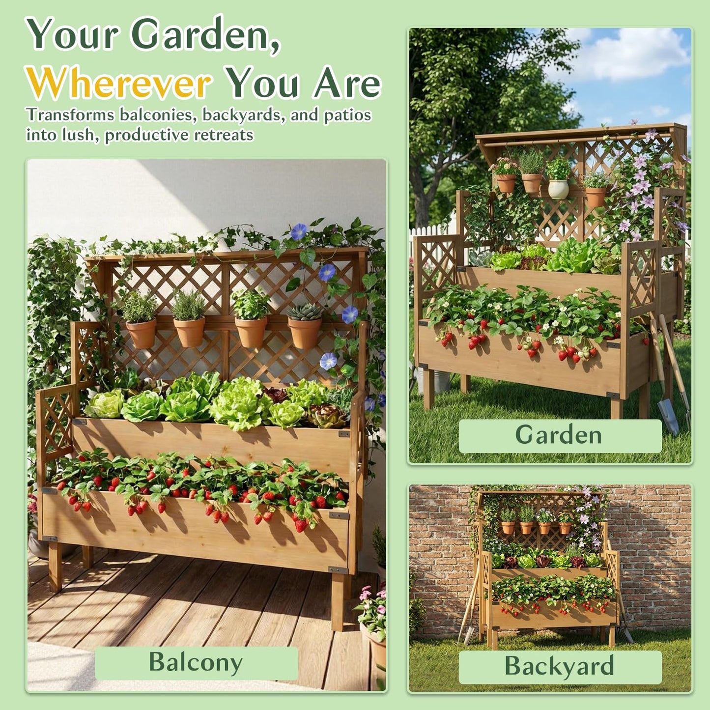 Magazoopet Raised Garden Bed with Trellis, 47''H Outdoor Flower Plant Stand with Two Planting Areas, Top Shelf, Liner, Elevated Garden Beds for Climbing Plants, Herb, Gift for Gardening, Brown