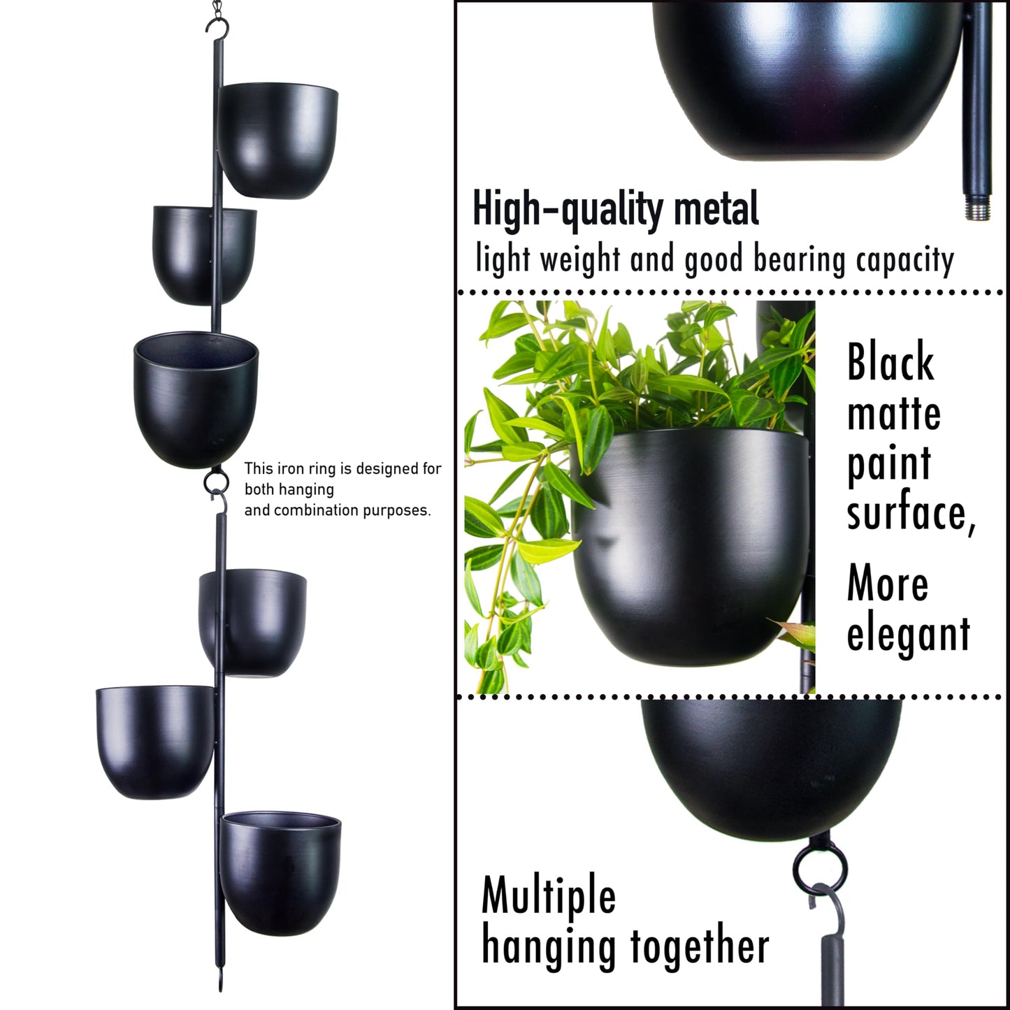 HemePaha 3-Tier Metal Hanging Planter with 6 Inch Oval Pots - Black Modern Triple Tiered Plant Hanger - Vertical Stackable Wall and Ceiling Mount Holder for Indoor and Houseplants