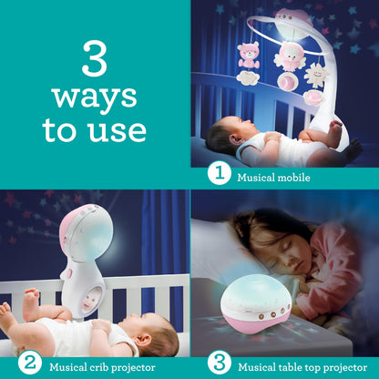Infantino 3-in-1 Projector Musical Mobile, Convertible Mobile, Table & Cot Light Projector with Wake-Up Mode to Simulate Daylight, Includes 6 Melodies & 4 Nature Sounds, Dusty Rose