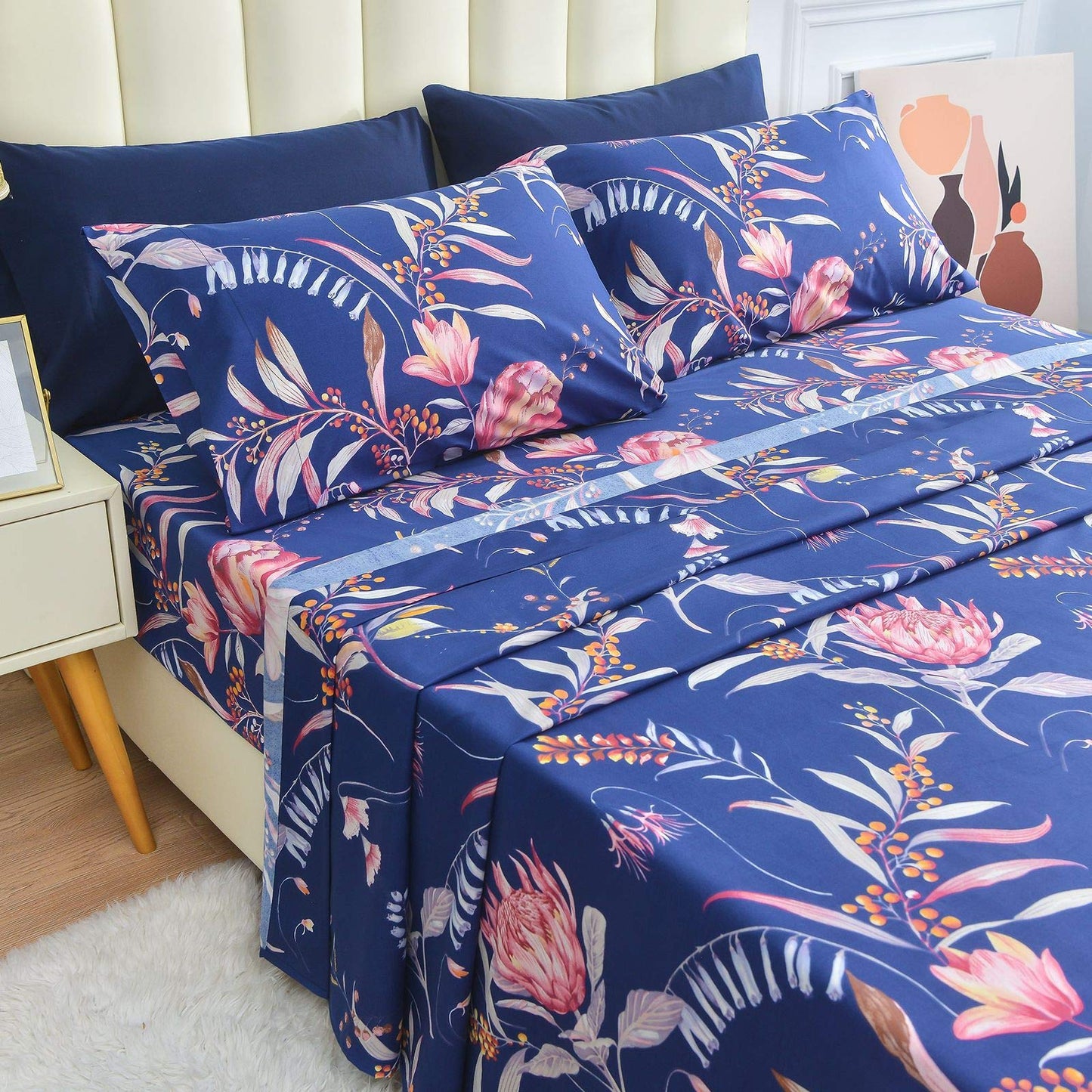 JSD Navy Blue Floral Printed Sheet Set Queen 6 Piece, Soft Microfiber Botanical Pattern Bed Sheets Extra Deep Pocket