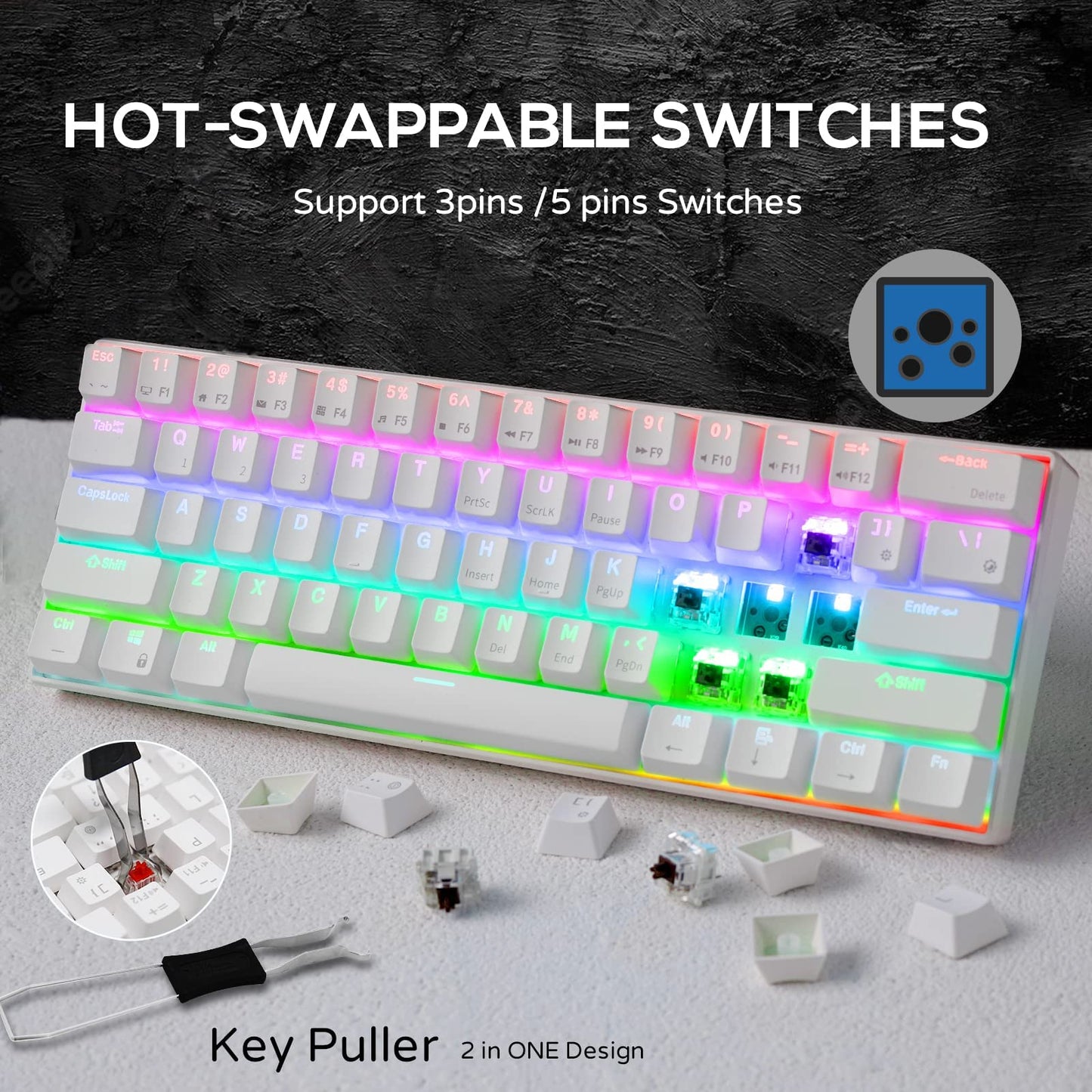 RK ROYAL KLUDGE RK61 60% Mechanical Keyboard with Coiled Cable, 2.4Ghz/Bluetooth/Wired, Wireless Bluetooth Mini Keyboard 61 Keys, RGB Hot Swappable Red Switch Gaming Keyboard with Software - White