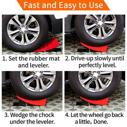 OULEME RV Leveling Blocks, Camper Trailer Leveler, 2 Packs for Travel Trailer Motorhome, Include 2 Curved Leveler Ramp, 2 Chock, 2 Rubber Mat, 1 T Bubble Level, 1 Carry Bag