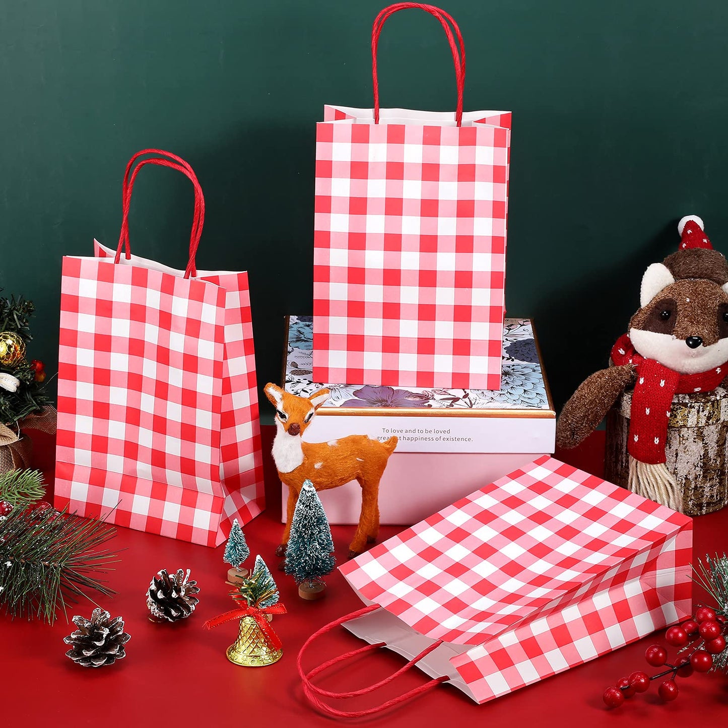 Chinco 30 Pcs Red White Gingham Paper Gift Bags Bulk with Handles, Candy Goodie Plaid Bags for Party Favors Supplies, Christmas, Birthday, Baby Shower, Wedding, Candy, Cookies, Gifts