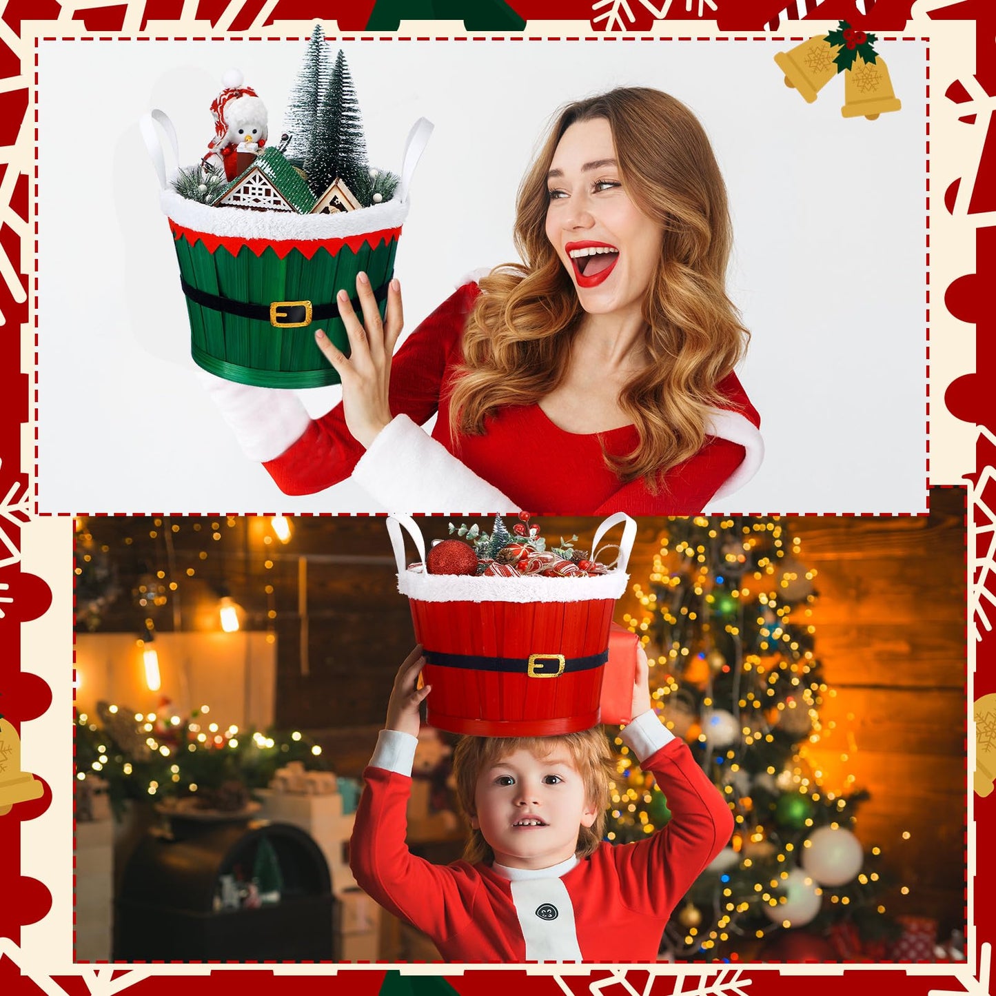 Youyole 4 Pieces Christmas Basket for Gifts Woven Bamboo Xmas Round Gingerbread Basket Small Santa Claus for Christmas Party Supplies Gift Snack Storage(Tall and Handle)