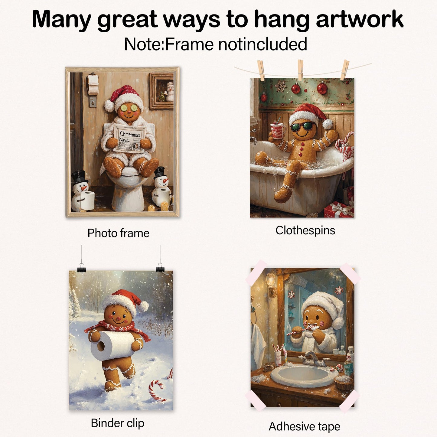 Poecinvi Funny Christmas in July Gingerbread Man Bathroom Wall Art Prints Set of 4, Funny Christmas Bathroom Decor, Gingerbread Man Posters Pictures Wall Decor for Bath Room Washroom, 8x10 Unframed