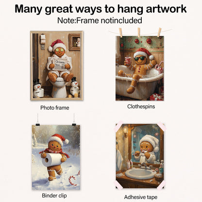 Poecinvi Funny Christmas in July Gingerbread Man Bathroom Wall Art Prints Set of 4, Funny Christmas Bathroom Decor, Gingerbread Man Posters Pictures Wall Decor for Bath Room Washroom, 8x10 Unframed