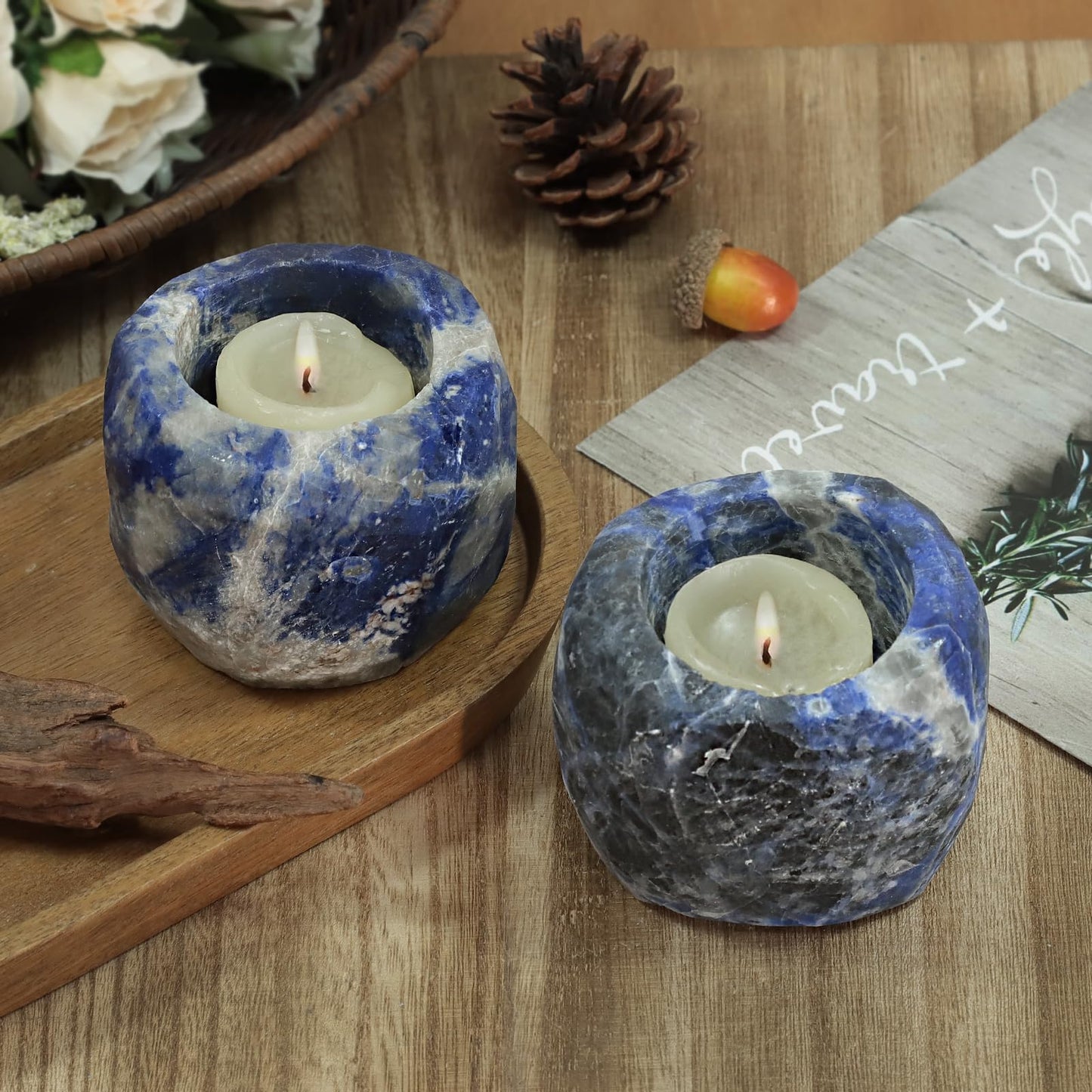 SUNYIK Natural Sodalite Tea Light Candle Holder Raw Crystal Air Plant Holder Desk Decor Figurine for Healing Meditation