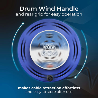Masterplug Four Socket Retractable Medium Cassette Reel, Extension Lead Cable Reel, Wind-Up Power Cord Reel, Thermal Cut Out, 10 Metre Cable, Work Power, Blue/Black, 10A, 4G, 10m, MCT1010/4BL