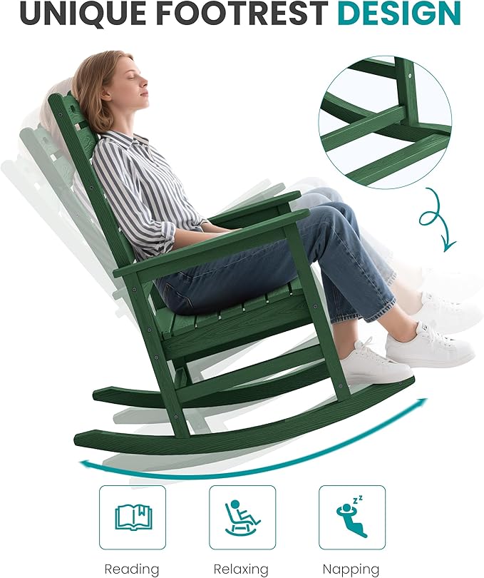 SERWALL Outdoor Rocking Chair Set of 4, Oversized HDPE Patio Rocking Chair with Footrest for Adults, All Weather Porch Rocker for Deck Patio Balcony, Green