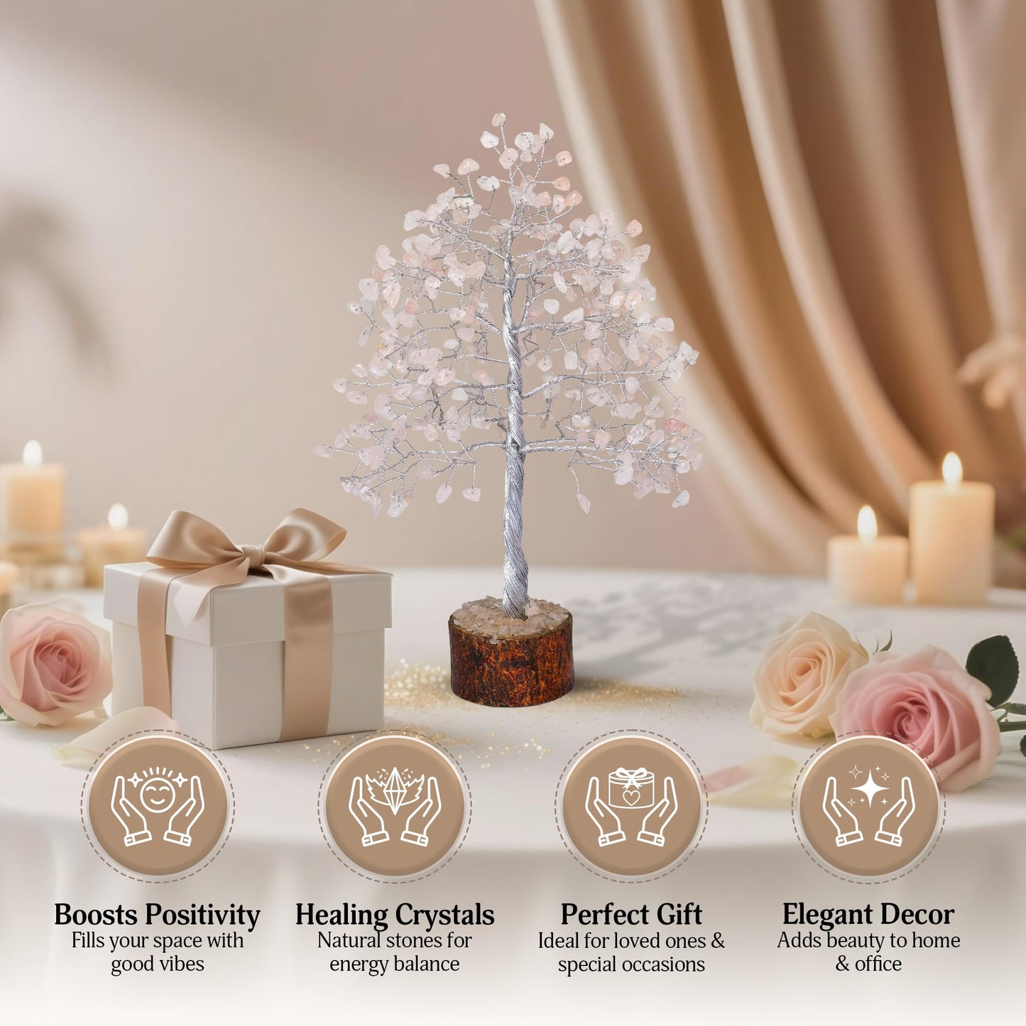 FASHIONZAADI Rose Quartz Crystal Tree, Silver Wire Feng Shui Gemstone Decor, Chakra Healing Stones Crystal Decor, Artificial Bonsai Money Tree, Good Luck Spiritual Gifts for Women & Men