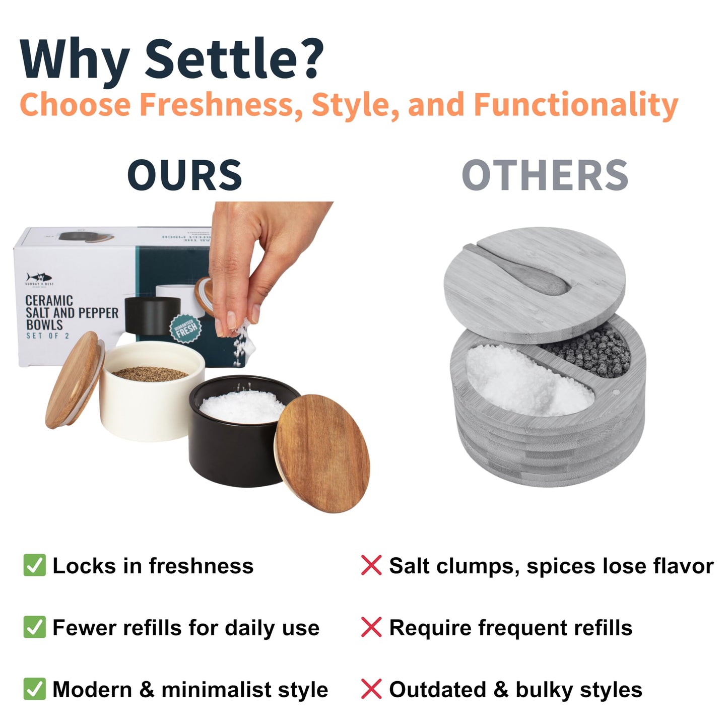Set of 2 Salt and Pepper Bowls for Countertop - Modern Ceramic Salt Cellar with Lid Set - Minimalist Salt Containers for Fresh Spices - Stylish and Functional Salt Storage for Any Kitchen