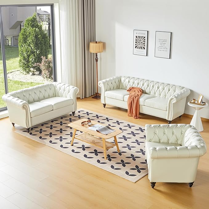 ORRD 3 Piece Living Room Set, Chesterfield Faux Leather Sofa Loveseat Couch