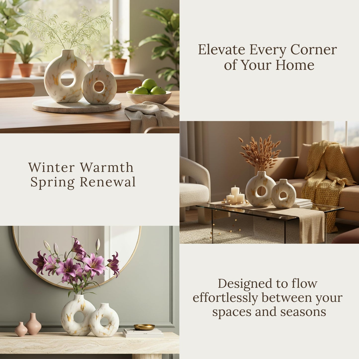 Modern Ceramic Donut Vase Set of 2 - Boho Design White and Gold Marble Pattern Vases for Flowers and Pampas - Elegant Home Decor Centerpieces for Coffee Tables - Entryways - Dining and Living Rooms
