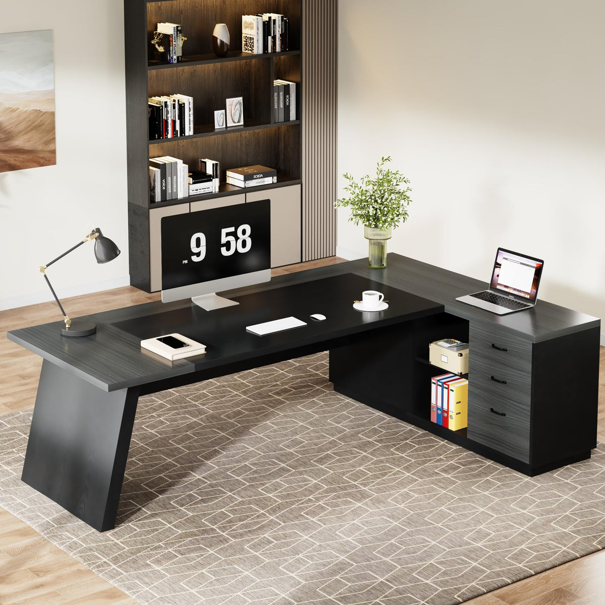 Tribesigns 78" L-Shaped Executive Desk, Large Modern Office Desk with Drawers and Lateral File Cabinet, Business Furniture with Storage Shelves, Big Computer Desk for Home Office (Grey + Blcak)