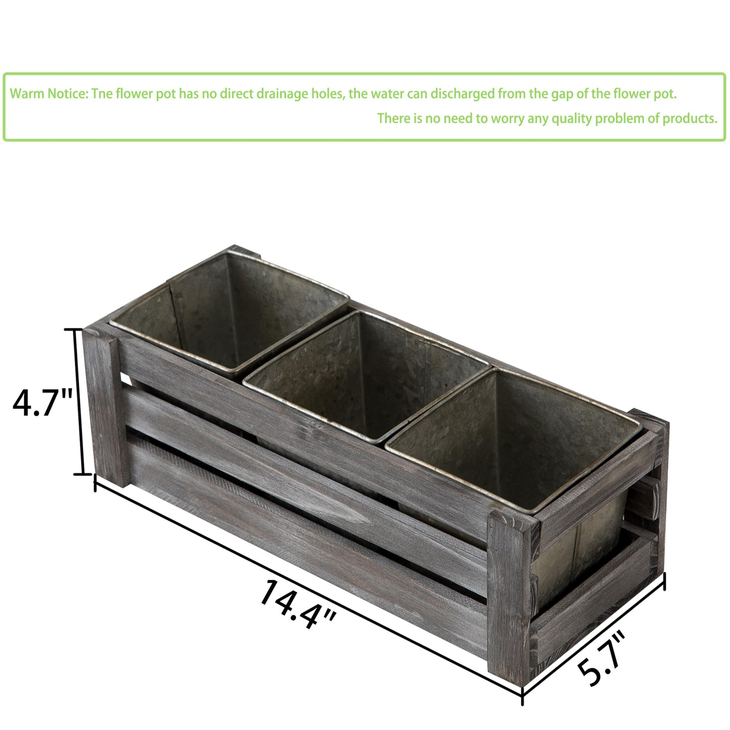 SOFE Rustic Wood Planer Box with 3 Galvanized Planter Pot, Indoor Windowsill Herb Garden Organizer, Plant Containers for Flower Succulent, Distressed Gray Finish