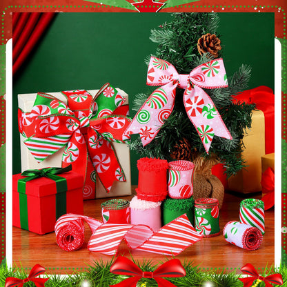 Yuxung 9 Rolls 45 Yards Christmas Candy Peppermint Ribbon Wired Edge Ribbons for Wreaths Red Green Candy Cane Print Craft Ribbon Burlap Grosgrain Ribbon for Christmas Party Decorations DIY Supplies