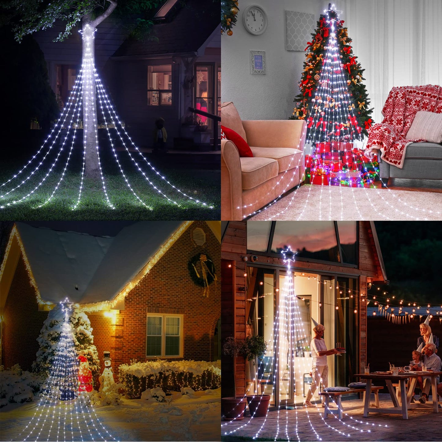 Christmas Decorations Star String Lights, 344 LED Waterfall Tree Lights with 11" Topper Iron Star Christmas Lights Indoor Outdoor Decorative for Wedding Party Home Holiday Decor (Pure White)