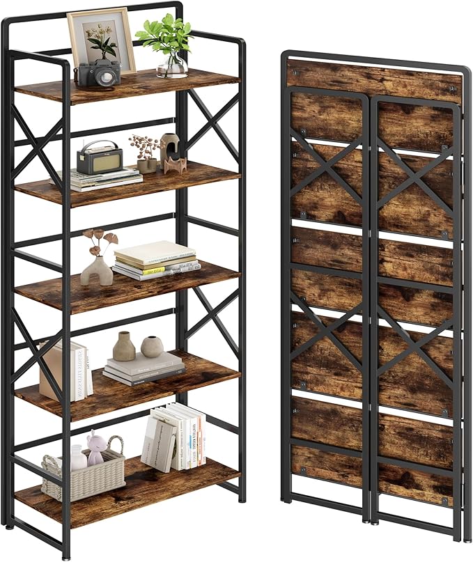 No Assembly Folding Bookshelf, 5 Tiers Vintage Wood Collapsible Book Shelf