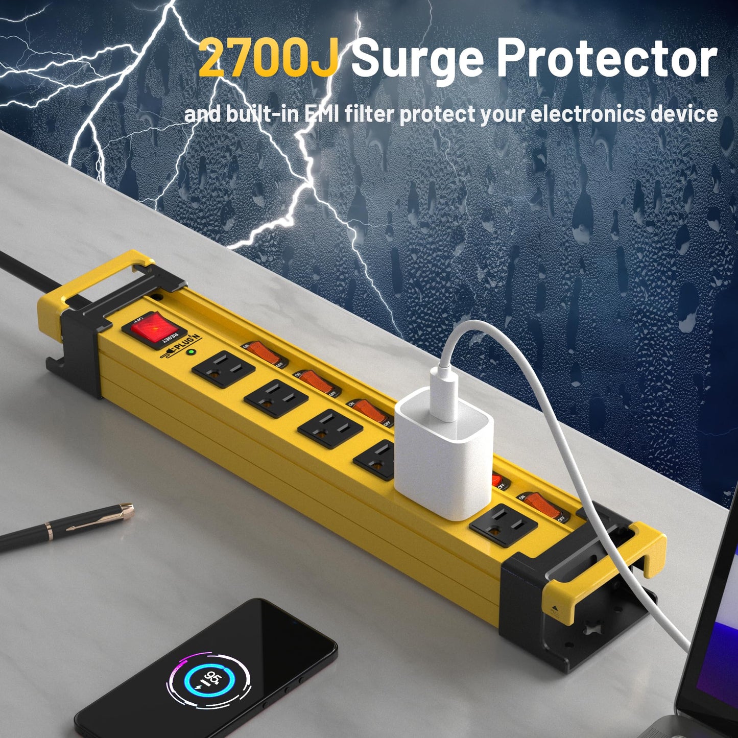 Power Strip Surge Protector 2700J with Individual Switches and Flat Plug, 3FT Heavy Duty Cord 6 Wide Spaced Outlet Mountable Metal Power Strips with Cord Manager and Hanger