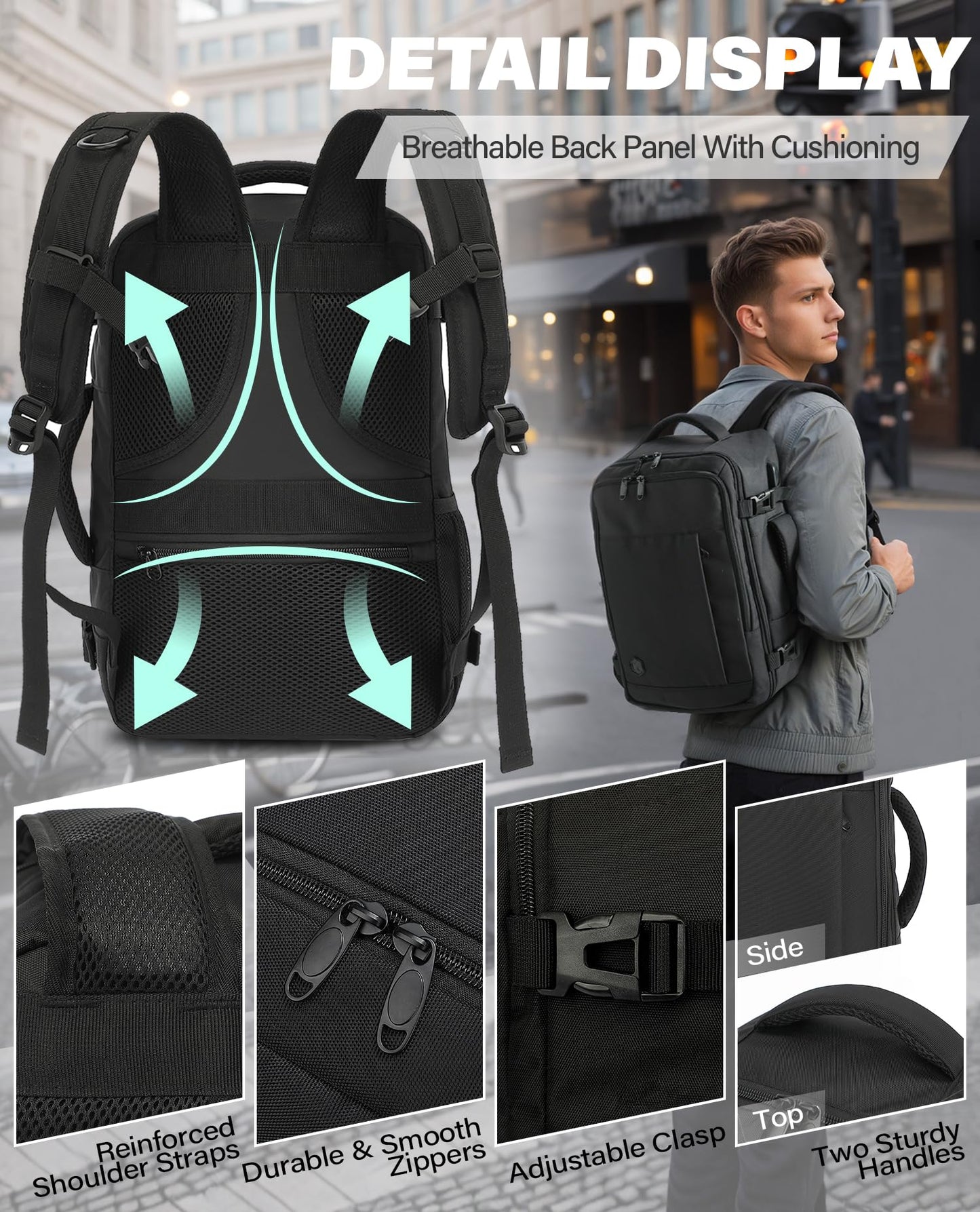 VANKEV Ryanair Cabin Bag 40x20x25 Underseat 20L Travel Bag Hand Luggage Backpack Carry-ons Bag Cabin Size Suitcases for Airplanes Flight Bag Travel Rucksack Fit 14 Inch Laptop Black
