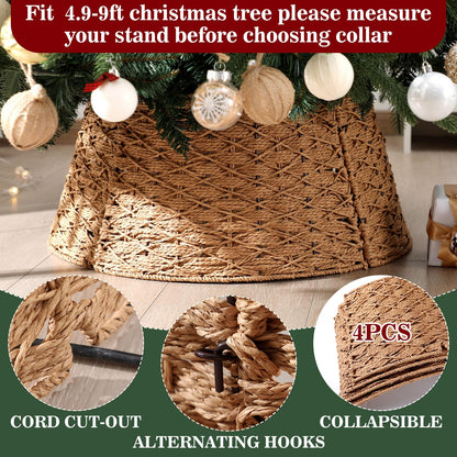 Poen Woven Rattan Christmas Tree Collar, Neutral Wicker Tree Skirt, Rustic Farmhouse Christmas Stand Base Cover Decor Handmade X-Shape Weave Design(Khaki,24 Inch)