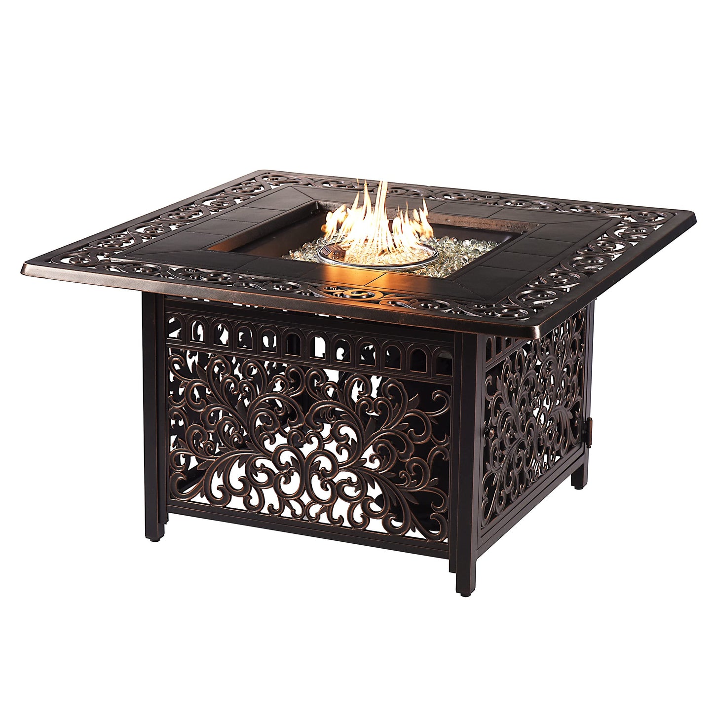 Oakland Living Square 42 in. x 42 in. Aluminum Propane Fire Pit Table with Glass Beads, Two Covers, Lid, 57,000 BTUs in Copper Finish