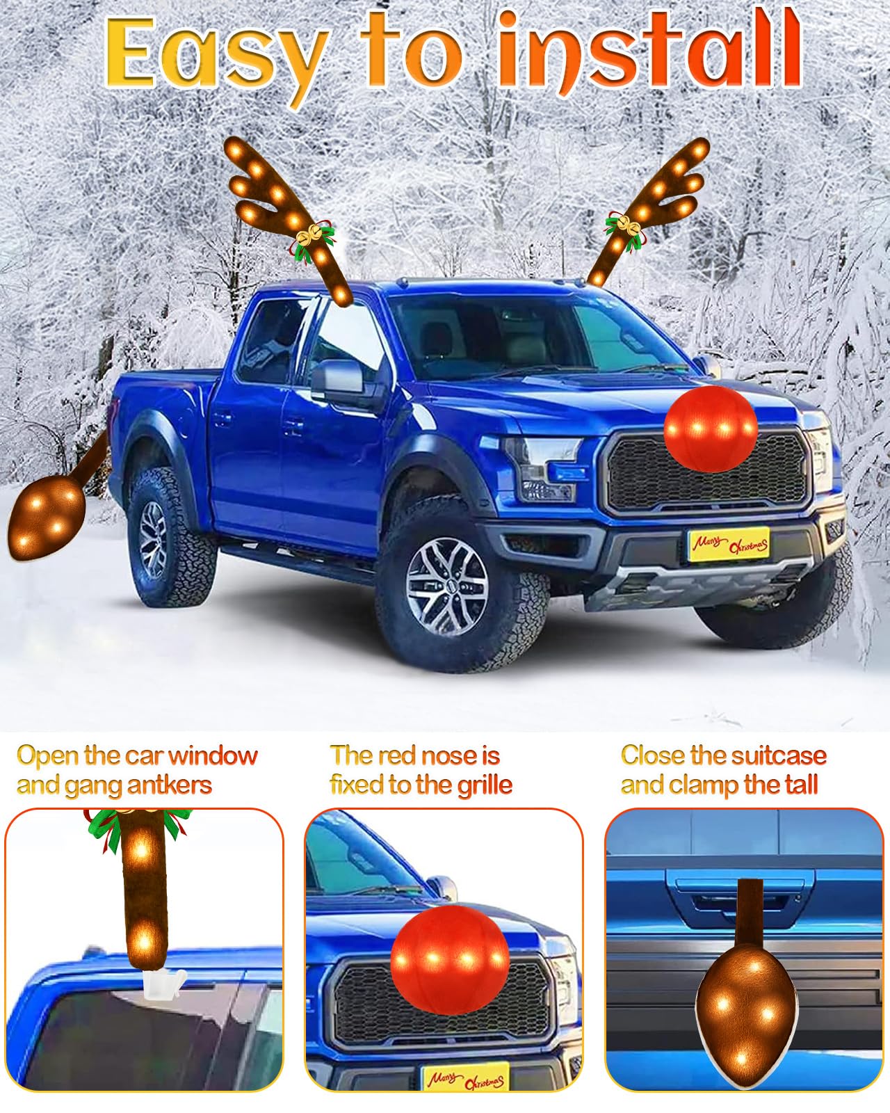 Christmas Reindeer Antlers Car Decoration Kit, Waterproof LED Lights Nose Vehicle with Jingle Bells Rudolph, Auto Holiday Accessories for SUV Van Truck Decor Warm White
