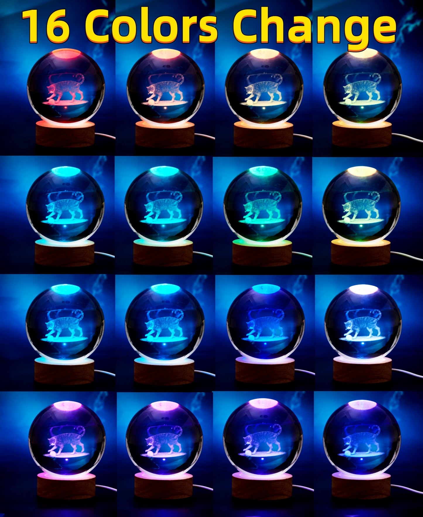 Conalisk 3D Cat Crystal Ball Lamp,Lifelike 3D LED Cat Night Light,16 Colors Changing Light,Dimmable Remote Control,Cat Lamp Gfit (Cat)