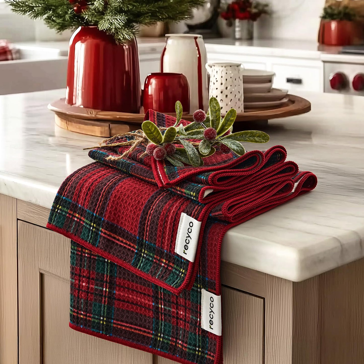 RECYCO Christmas Waffle Kitchen Towel Set of 2 - Quick Dry Microfiber Sustainable Dish Towels - Ultra Absorbent Reusable Cleaning Tea Towels - Lightweight Hand Towels,16”x 28”, Stewart Plaid Red