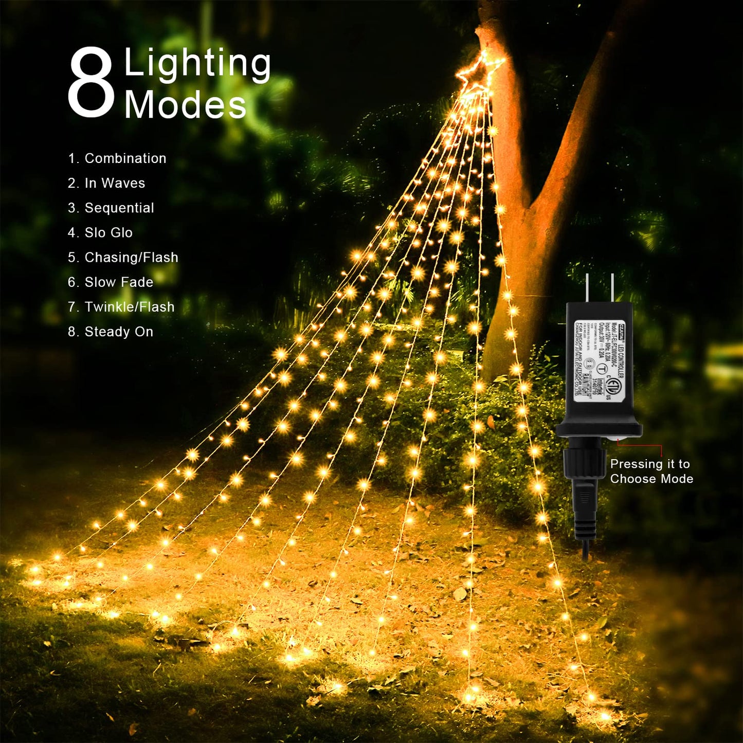 MINIAO Christmas Star String Lights, 320 LED Waterfall Tree Lights with 13" Topper Star 8 Lighting Modes Indoor Outdoor Halloween Decorations for Holiday, Wedding, Party (Warn White)