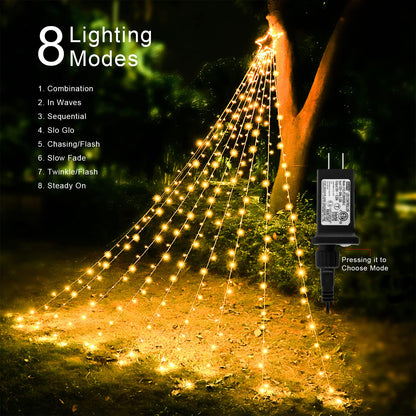 MINIAO Christmas Star String Lights, 320 LED Waterfall Tree Lights with 13" Topper Star 8 Lighting Modes Indoor Outdoor Halloween Decorations for Holiday, Wedding, Party (Warn White)