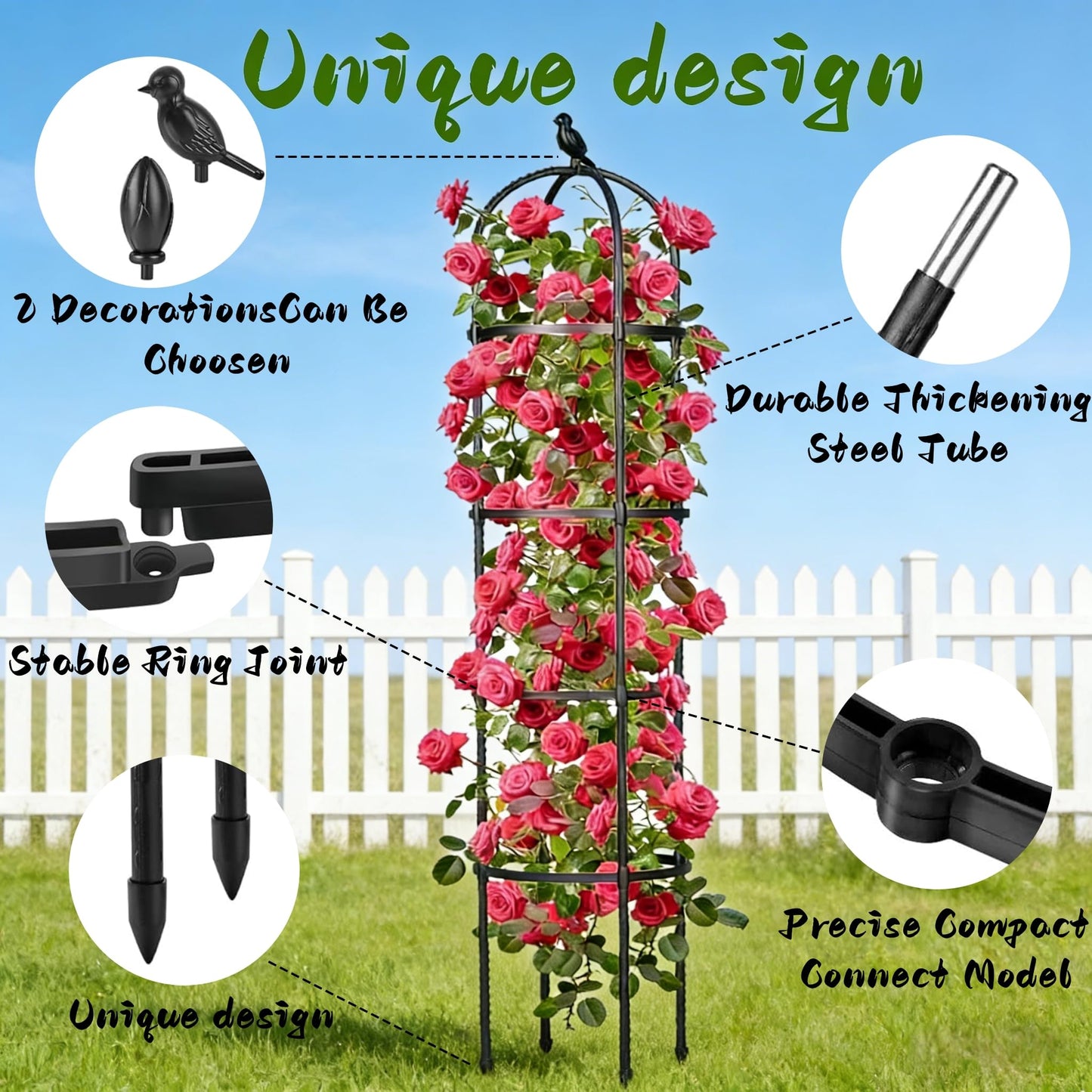 2 Pack Garden Obelisk Trellis for Climbing Plants Outdoor Indoor, 6 Ft Round Rustproof Metal Pot Plant Support Trellis for Rose Bush Clematis Vine Jasmine Flower Morning Glory Potted Plants Black
