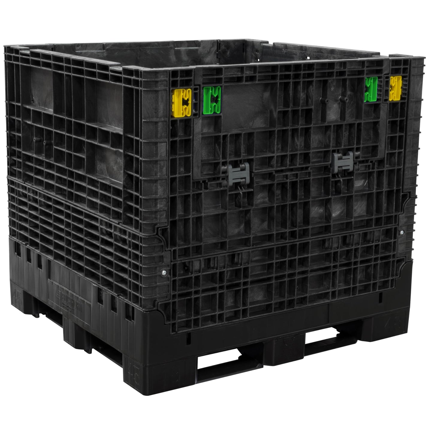 Buckhorn 48" x 45" x 41" Collapsible Bulk Box Container, Extra-Duty Plastic Stacking Gaylord Box with 4-Way Forklift Access and 2 Drop Doors, 1700 lb Capacity Storage Tote, Black (BR48454120)